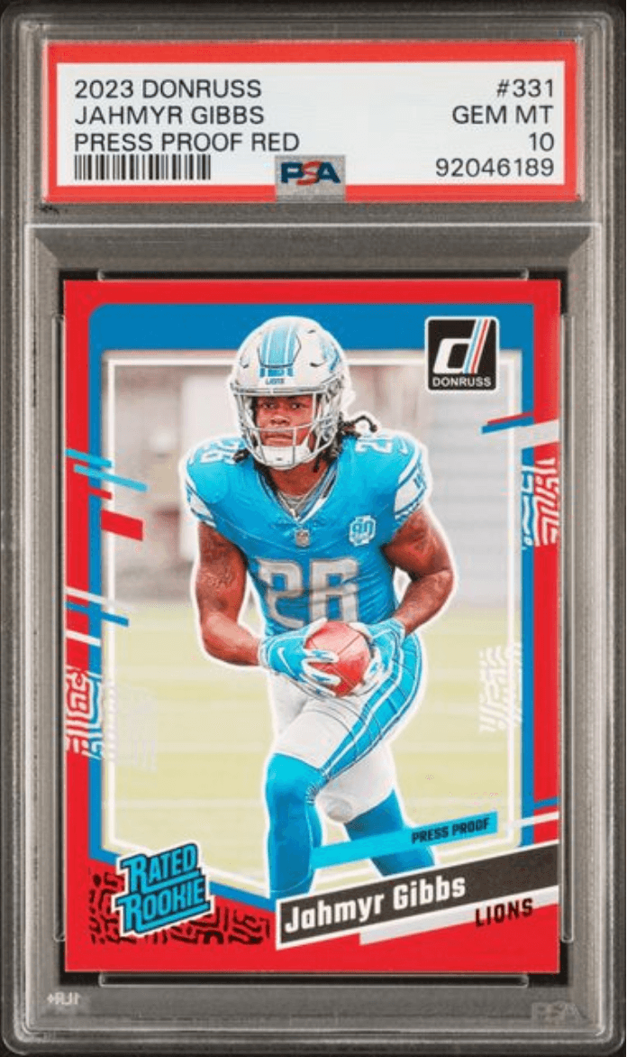 Graded 2023 Panini Donruss Jahmyr Gibbs #331 Press Proof Red Rookie RC Football Card PSA 10 Gem Mint
