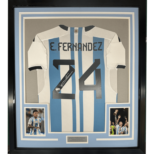 Framed Autographed/Signed Enzo Fernandez 35x39 Argentina Blue/White Soccer World Cup Jersey Beckett BAS COA