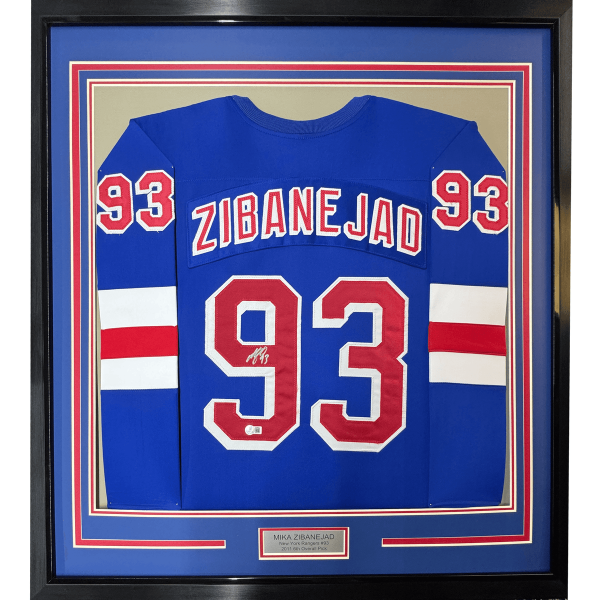 Framed Autographed/Signed Mika Zibanejad 35x39 New York Blue Hockey Jersey Beckett BAS COA