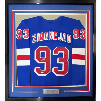Framed Autographed/Signed Mika Zibanejad 35x39 New York Blue Hockey Jersey Beckett BAS COA