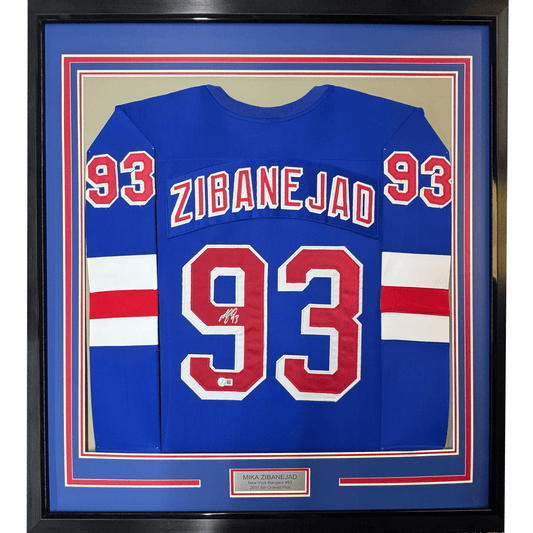 Framed Autographed/Signed Mika Zibanejad 35x39 New York Blue Hockey Jersey Beckett BAS COA