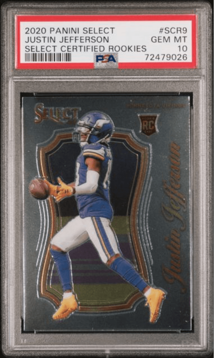 Graded 2020 Panini Select Justin Jefferson #SCR9 Select Certified Rookies Rookie RC Football Card PSA 10 Gem Mint