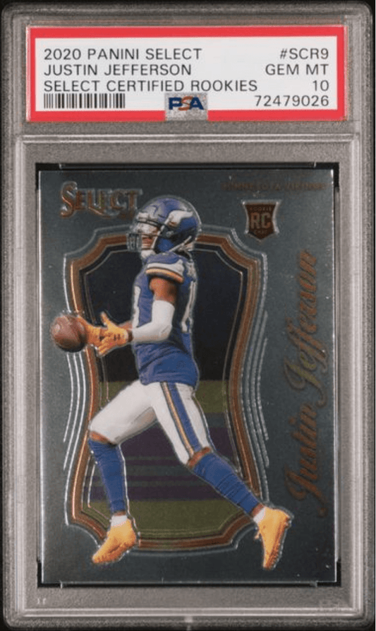 Graded 2020 Panini Select Justin Jefferson #SCR9 Select Certified Rookies Rookie RC Football Card PSA 10 Gem Mint