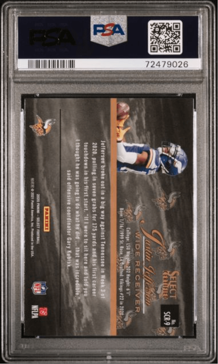 Graded 2020 Panini Select Justin Jefferson #SCR9 Select Certified Rookies Rookie RC Football Card PSA 10 Gem Mint