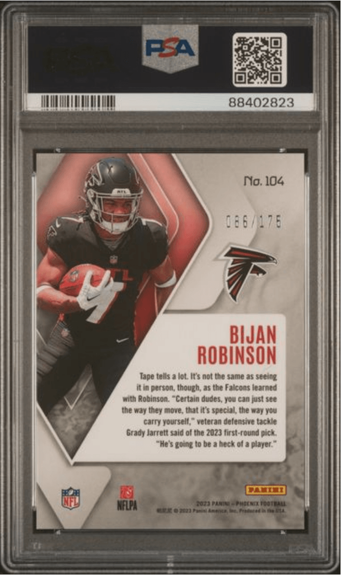 Graded 2023 Panini Phoenix Bijan Robinson #104 Lava /175 Rookie RC Football Card PSA 10 Gem Mint