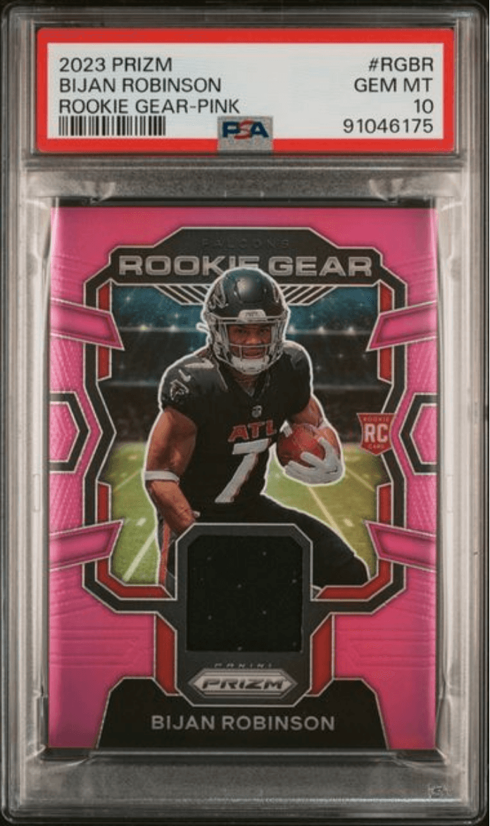 Graded 2023 Panini Prizm Bijan Robinson #RGBR Rookie Gear Pink Rookie RC Football Card PSA 10 Gem Mint