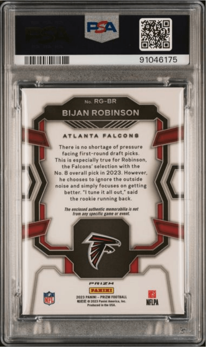 Graded 2023 Panini Prizm Bijan Robinson #RGBR Rookie Gear Pink Rookie RC Football Card PSA 10 Gem Mint