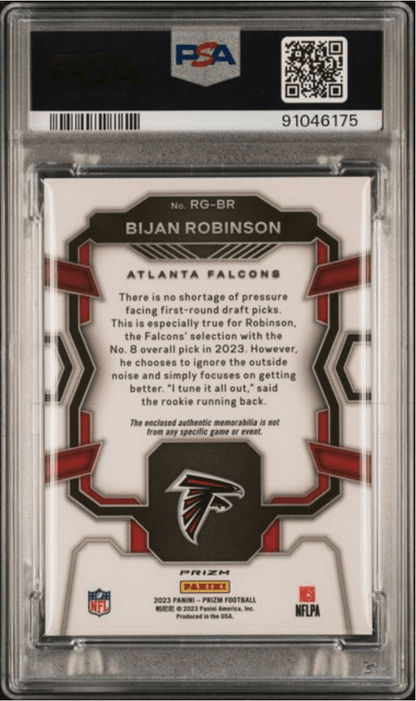 Graded 2023 Panini Prizm Bijan Robinson #RGBR Rookie Gear Pink Rookie RC Football Card PSA 10 Gem Mint