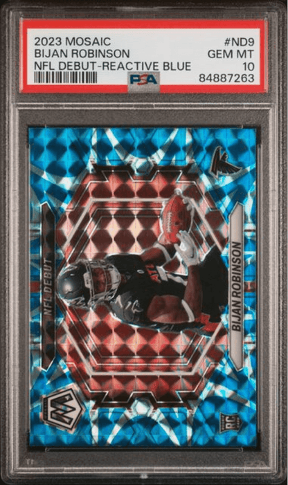 Graded 2023 Panini Mosaic Bijan Robinson #ND9 NFL Debut Reactive Blue Rookie RC Football Card PSA 10 Gem Mint