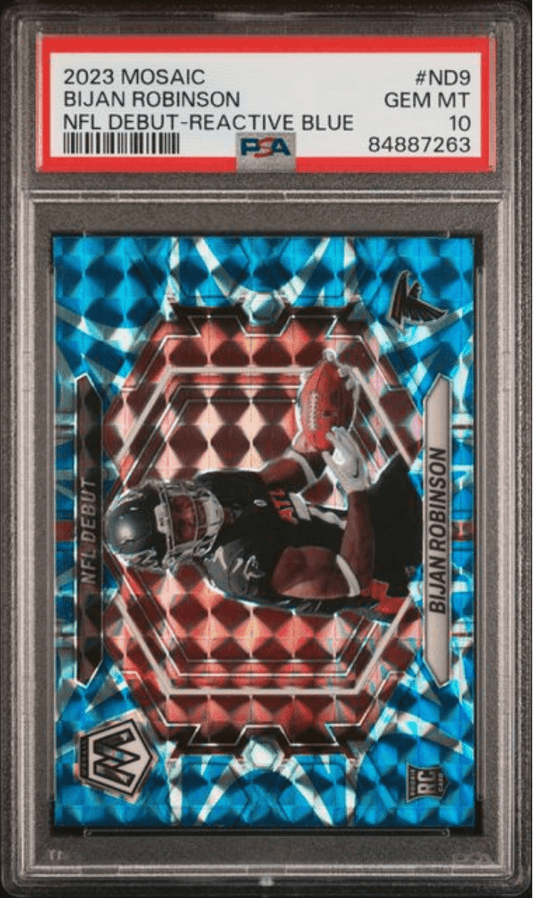 Graded 2023 Panini Mosaic Bijan Robinson #ND9 NFL Debut Reactive Blue Rookie RC Football Card PSA 10 Gem Mint