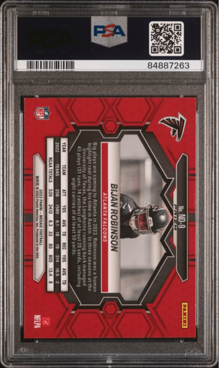 Graded 2023 Panini Mosaic Bijan Robinson #ND9 NFL Debut Reactive Blue Rookie RC Football Card PSA 10 Gem Mint