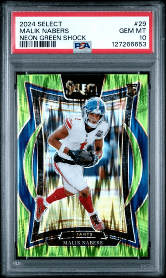 Graded 2024 Panini Select Malik Nabers #29 Neon Green Shock /599 Rookie RC Football Card PSA 10 Gem Mint