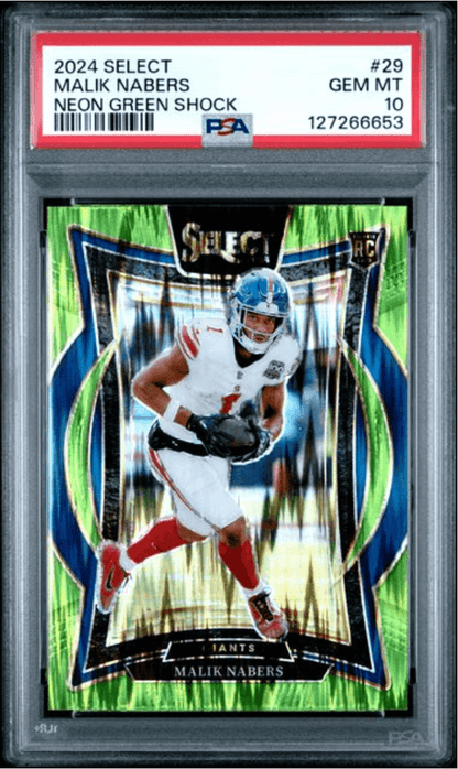 Graded 2024 Panini Select Malik Nabers #29 Neon Green Shock /599 Rookie RC Football Card PSA 10 Gem Mint