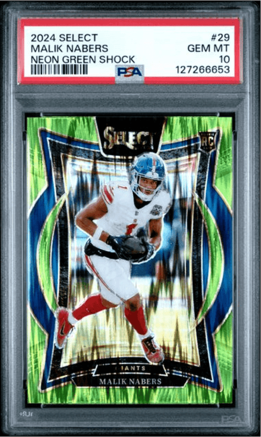 Graded 2024 Panini Select Malik Nabers #29 Neon Green Shock /599 Rookie RC Football Card PSA 10 Gem Mint