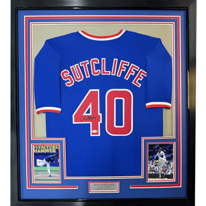 Framed Autographed/Signed Rick Sutcliffe 35x39 Chicago Blue Baseball Jersey Beckett BAS COA