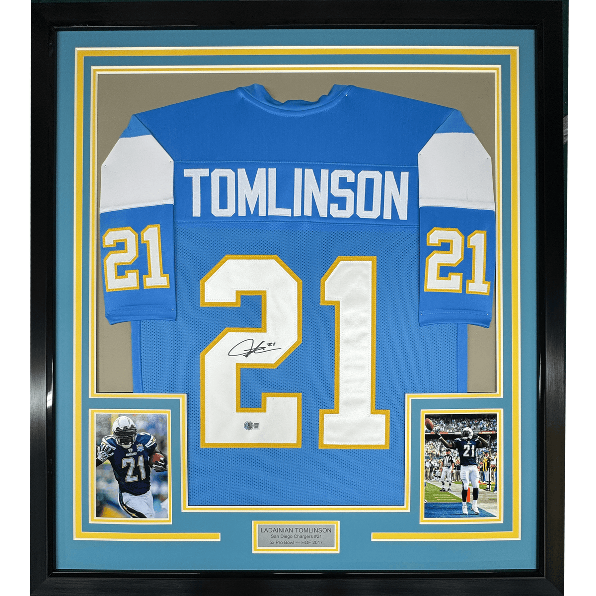 Framed Autographed/Signed LaDainian Tomlinson 35x39 San Diego Powder Blue Football Jersey JSA COA