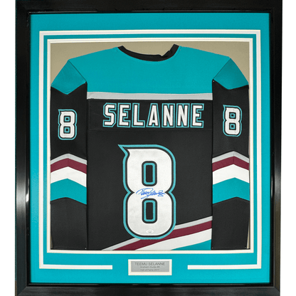Framed Autographed/Signed Teemu Selanne 35x39 Anaheim Black Retro Hockey Jersey JSA COA