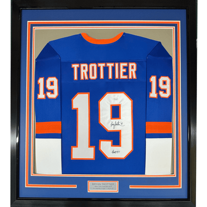 Framed Autographed/Signed Bryan Trottier HOF 97 35x39 New York Blue Hockey Jersey JSA COA