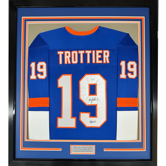 Framed Autographed/Signed Bryan Trottier HOF 97 35x39 New York Blue Hockey Jersey JSA COA