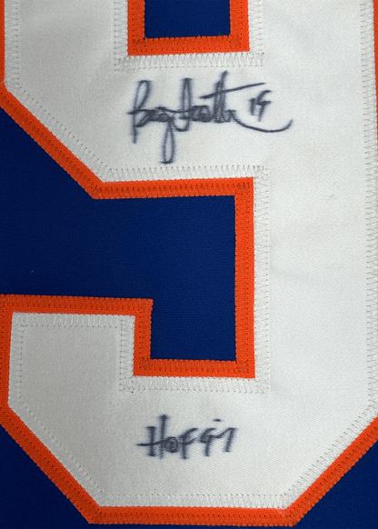 Framed Autographed/Signed Bryan Trottier HOF 97 35x39 New York Blue Hockey Jersey JSA COA