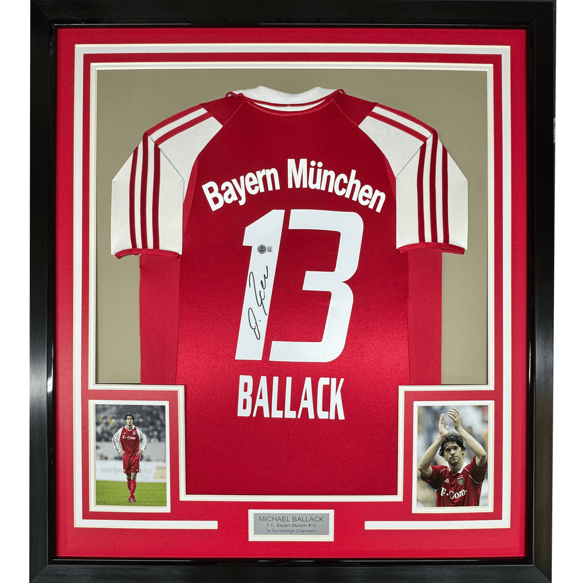 Framed Autographed/Signed Michael Ballack FC Bayern Munich 35x39 Red Soccer Futbol Jersey Beckett BAS COA