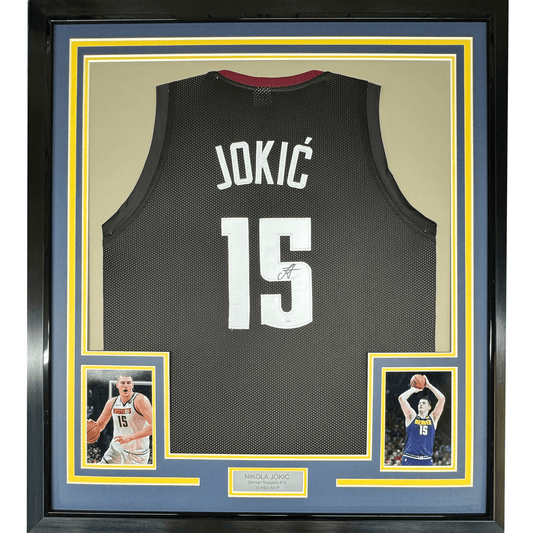 Framed Autographed/Signed Nikola Jokic 35x39 Denver Black 5280 City Edition Basketball Jersey JSA COA