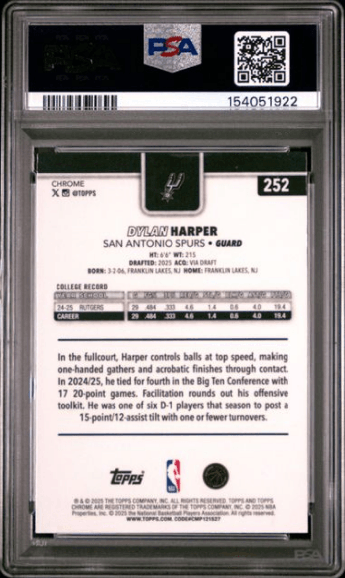 Graded 2025 Topps Chrome Dylan Harper #252 Rookie RC Basketball Card PSA 9 Mint