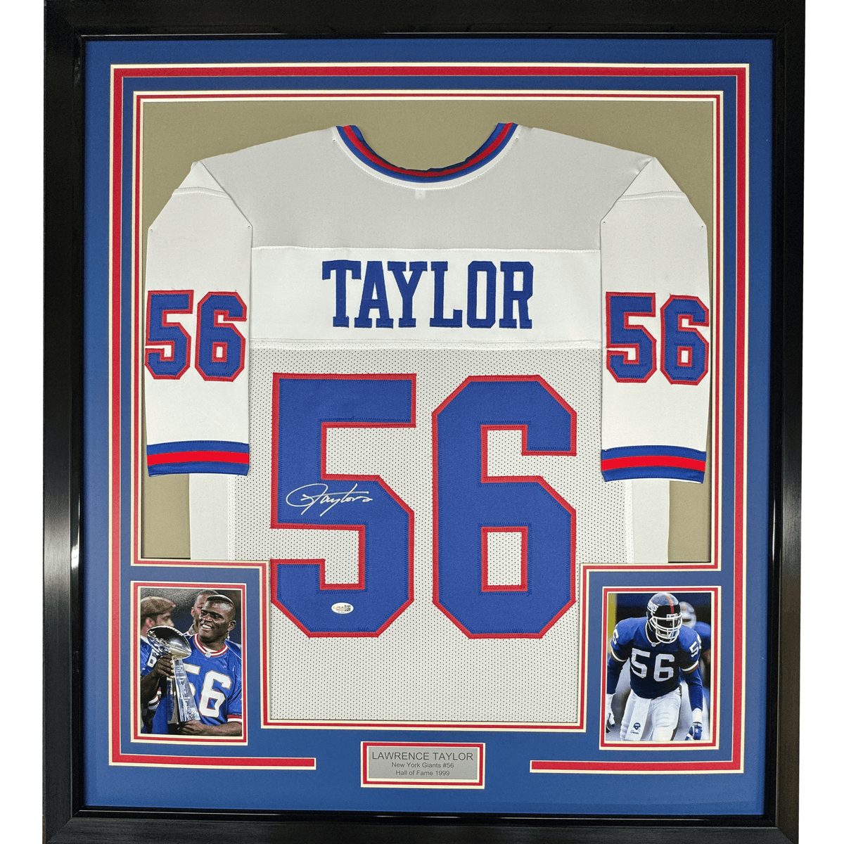 Framed Autographed/Signed Lawrence Taylor 35x39 New York White Football Jersey JSA COA