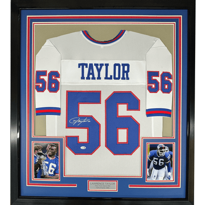 Framed Autographed/Signed Lawrence Taylor 35x39 New York White Football Jersey JSA COA