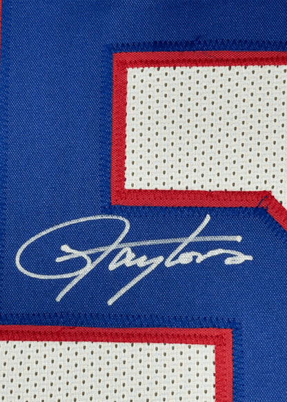 Framed Autographed/Signed Lawrence Taylor 35x39 New York White Football Jersey JSA COA