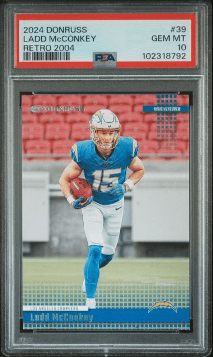 Graded 2024 Panini Donruss Ladd McConkey #39 Retro 2004 Rookie RC Football Card PSA 10 Gem Mint