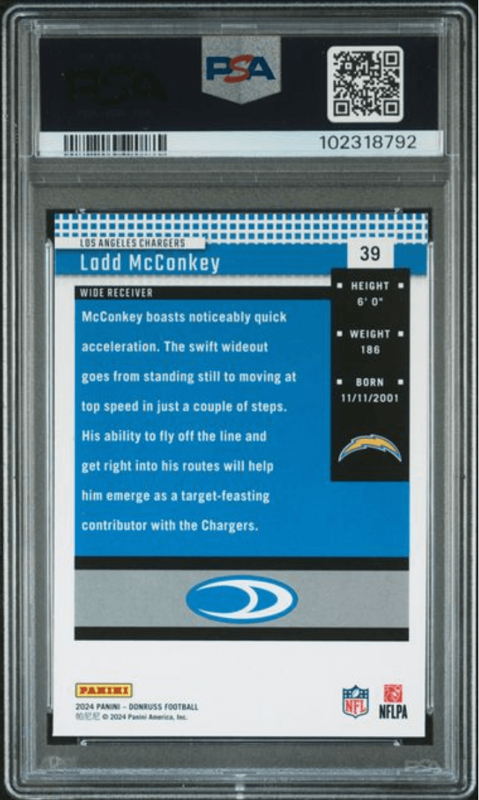 Graded 2024 Panini Donruss Ladd McConkey #39 Retro 2004 Rookie RC Football Card PSA 10 Gem Mint