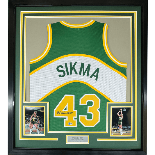 Framed Autographed/Signed Jack Sikma 35x39 Seattle Green Basketball Jersey JSA COA
