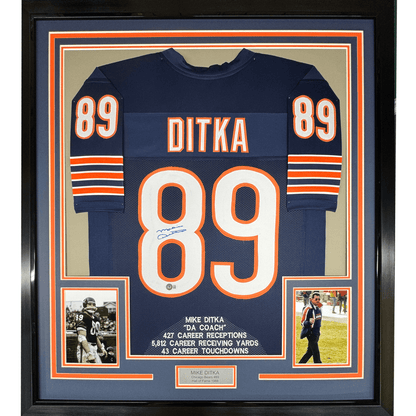 Framed Autographed/Signed Mike Ditka 35x39 Chicago Blue Stat Football Jersey JSA COA