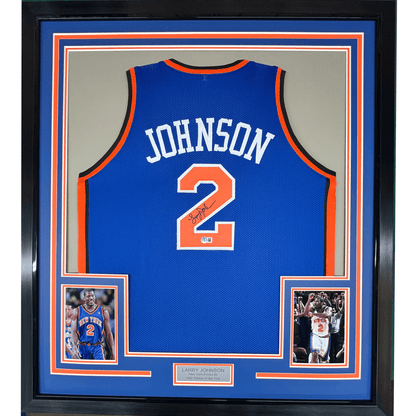 Framed Autographed/Signed Larry Johnson 35x39 New York Blue Basketball Jersey PSA/DNA COA