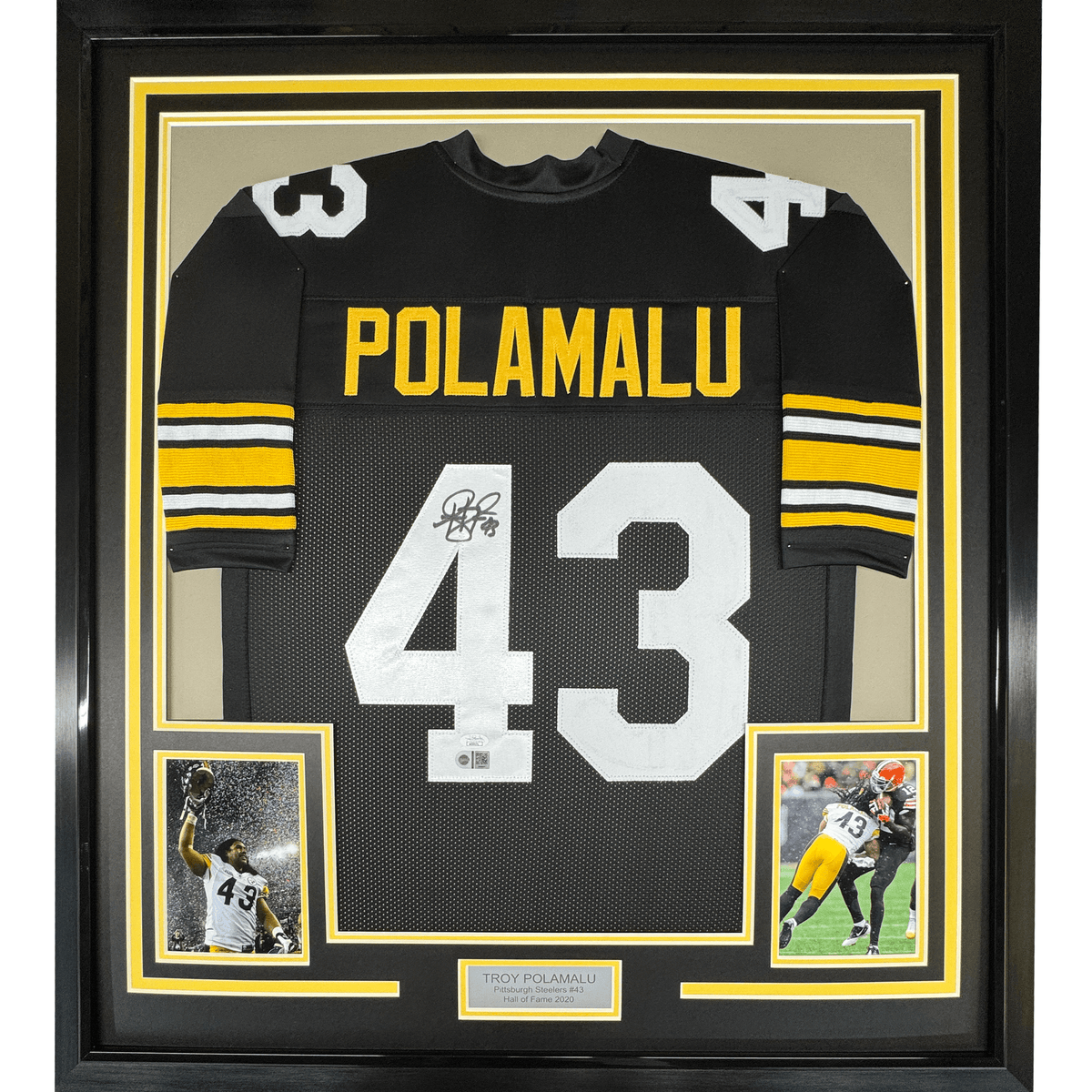 Framed Autographed/Signed Troy Polamalu 35x39 HOF 20 Pittsburgh Black Football Jersey Beckett BAS COA