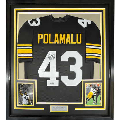 Framed Autographed/Signed Troy Polamalu 35x39 HOF 20 Pittsburgh Black Football Jersey Beckett BAS COA