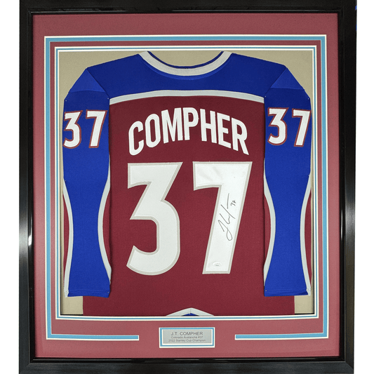 Framed Autographed/Signed JT J.T. Compher 35x39 Colorado Maroon Hockey Jersey PSA/DNA COA