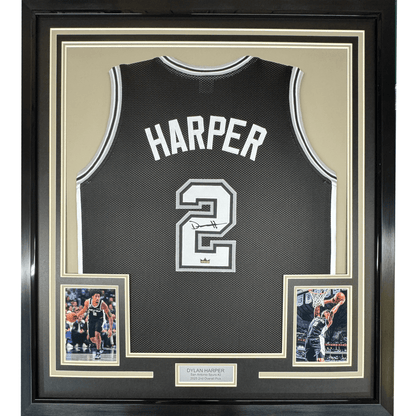 Framed Facsimile Autographed Dylan Harper 35x39 San Antonio Black Reprint Laser Auto Basketball Jersey