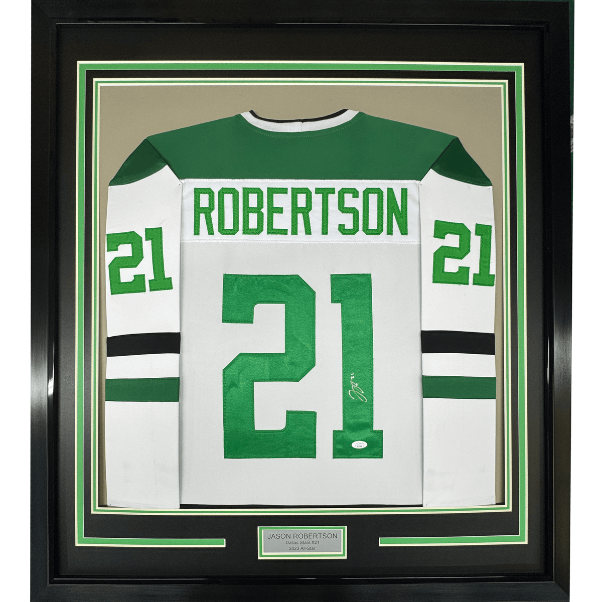 Framed Autographed/Signed Jason Robertson 35x39 Dallas White Hockey Jersey JSA COA