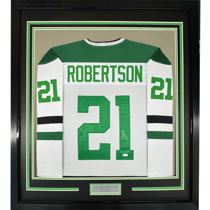 Framed Autographed/Signed Jason Robertson 35x39 Dallas White Hockey Jersey JSA COA