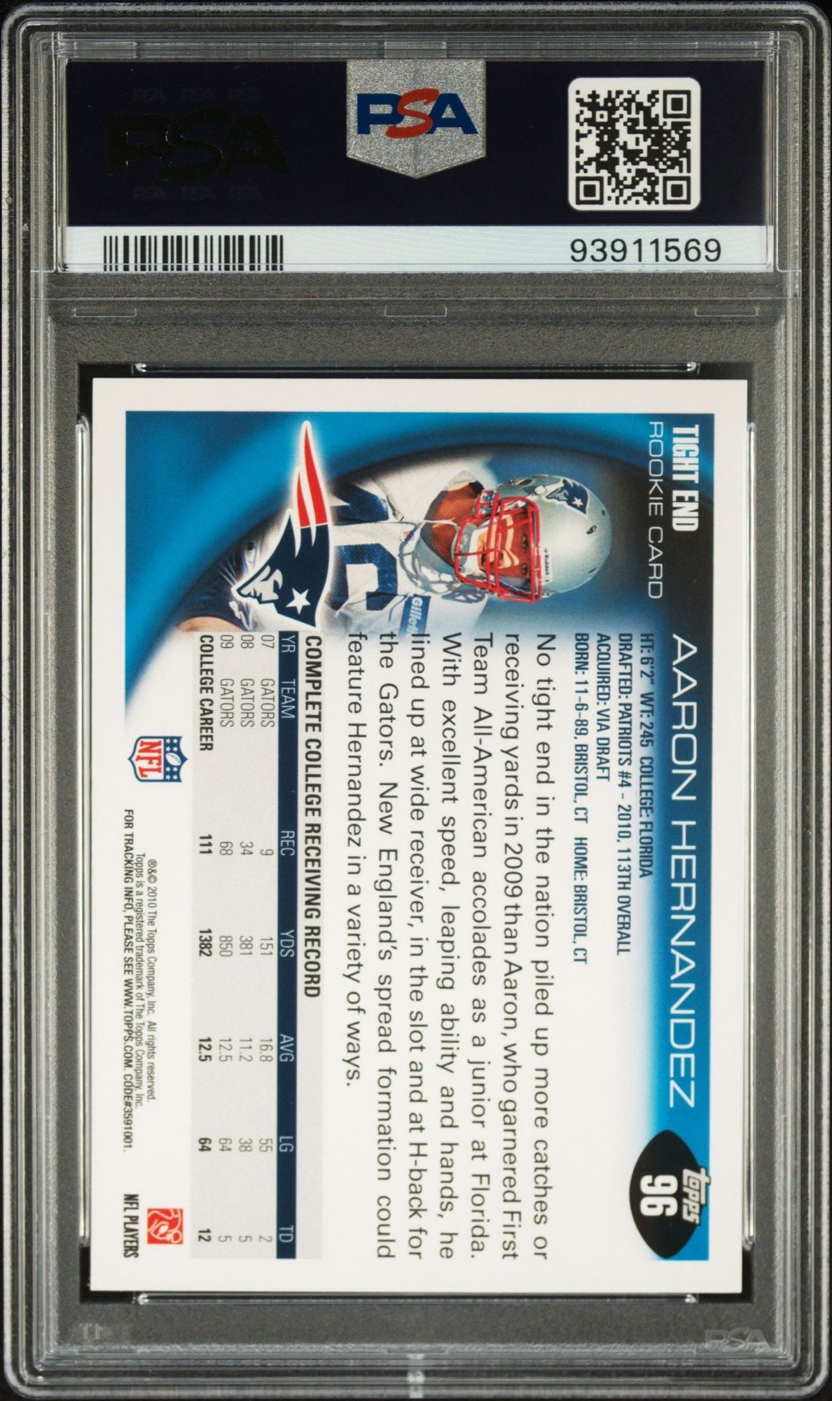 Graded 2010 Topps Aaron Hernandez #96 Rookie RC Football Card PSA 10 Gem Mint
