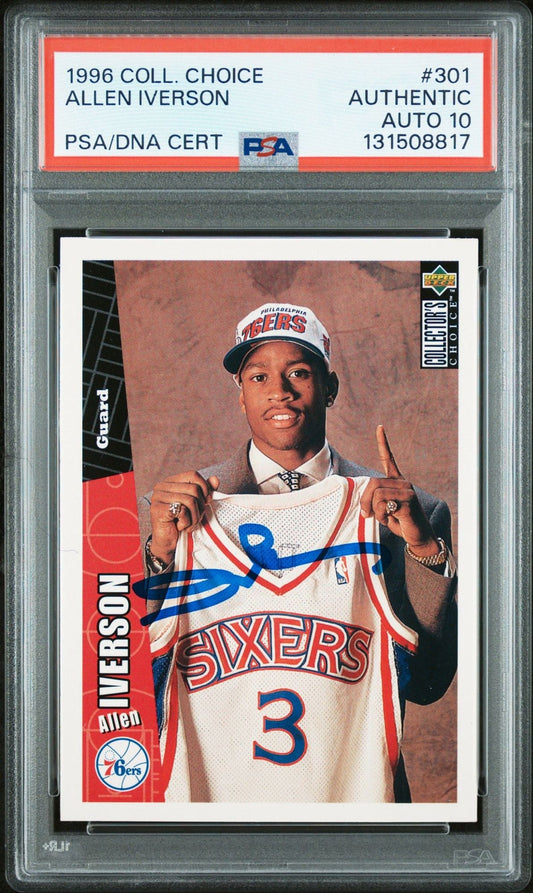 Graded 1996 Upper Deck UD Collector's Choice Allen Iverson #301 Rookie RC Basketball Card PSA 10 Auto Grade Gem Mint
