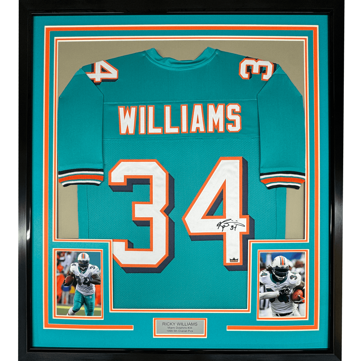 Framed Facsimile Autographed Ricky Williams 35x39 Miami Teal Reprint Laser Auto Football Jersey