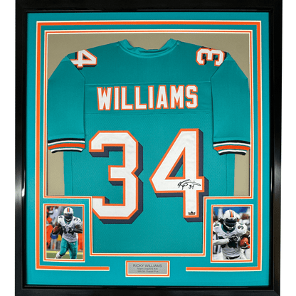 Framed Facsimile Autographed Ricky Williams 35x39 Miami Teal Reprint Laser Auto Football Jersey