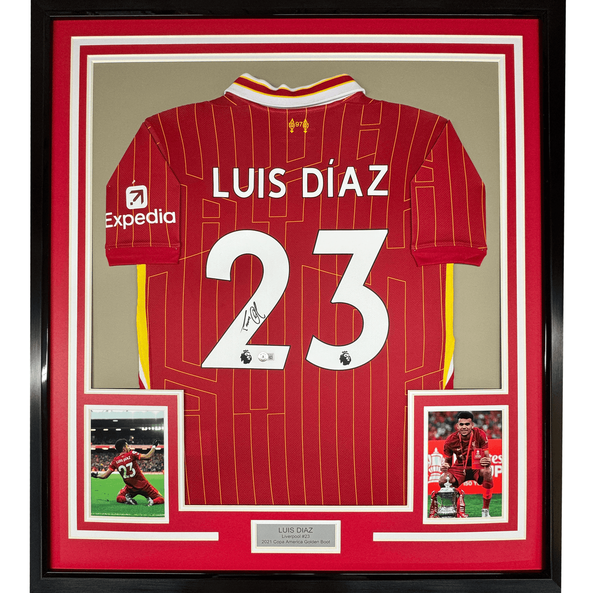 Framed Autographed/Signed Luis Diaz 35x39 Liverpool Red Soccer Jersey Beckett BAS COA