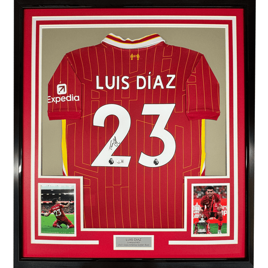 Framed Autographed/Signed Luis Diaz 35x39 Liverpool Red Soccer Jersey Beckett BAS COA
