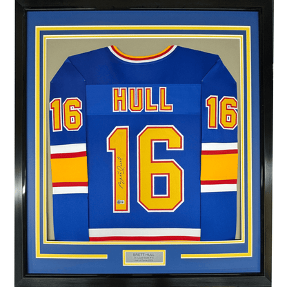 Framed Autographed/Signed Brett Hull 35x39 St. Louis Blue Hockey Jersey Beckett BAS COA