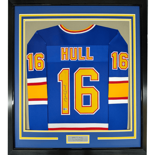 Framed Autographed/Signed Brett Hull 35x39 St. Louis Blue Hockey Jersey Beckett BAS COA