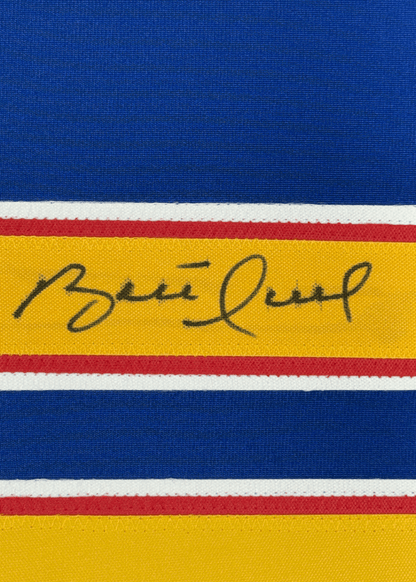 Framed Autographed/Signed Brett Hull 35x39 St. Louis Blue Hockey Jersey Beckett BAS COA